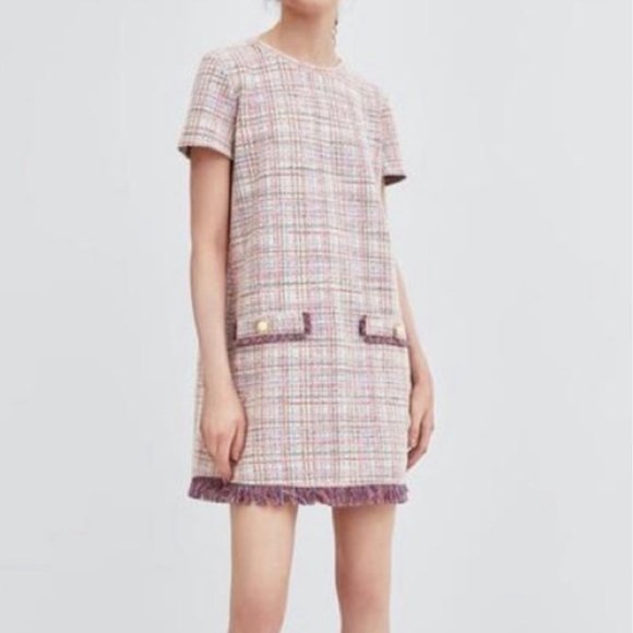 ZARA Trafaluc 'Sonia' Pink Tweed Mini Dress size L - Picture 15 of 15